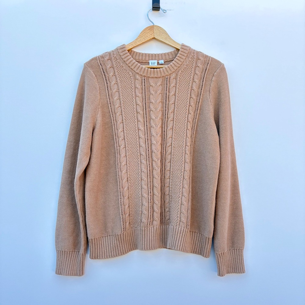 Gap‎ Womens Large Tan Cable Knit Cotton Crewneck Sweater Long-Sleeve Pullover